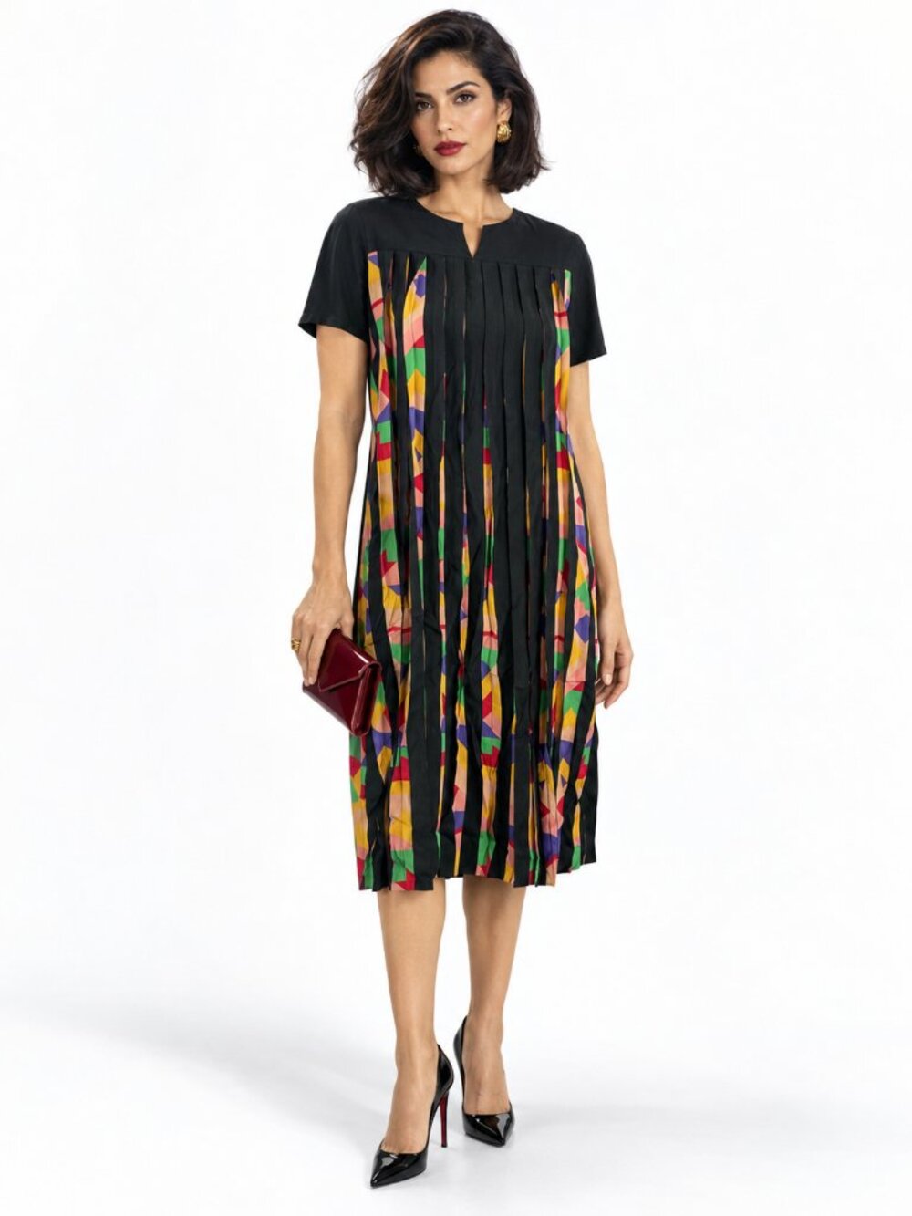 Rue de Soie Vintage Silk Pleated Midi Dress Size 4 Black Maximalist Art